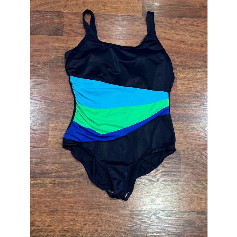 Vintage - Navy One-Piece Swimsuit with Aqua, Lime & Royal Blue Panels